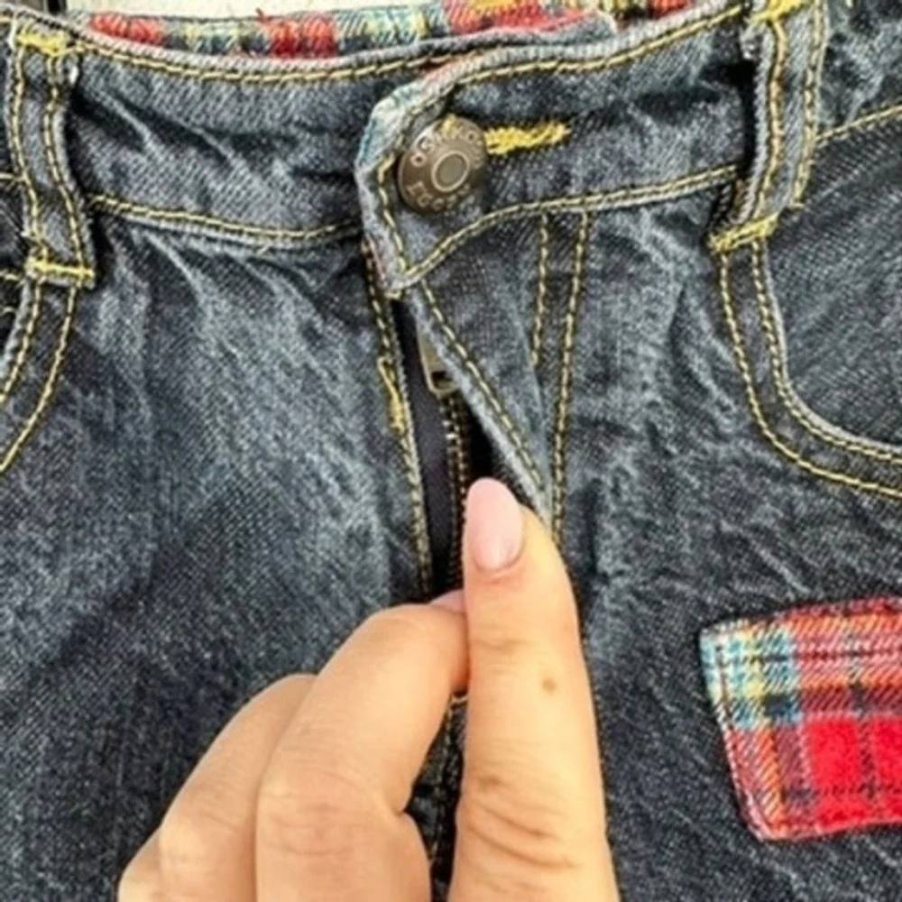 Retro Old Fashioned OshKosh Bgosh‎ Toddler Jeans Plaid Patchwork Denim Pants